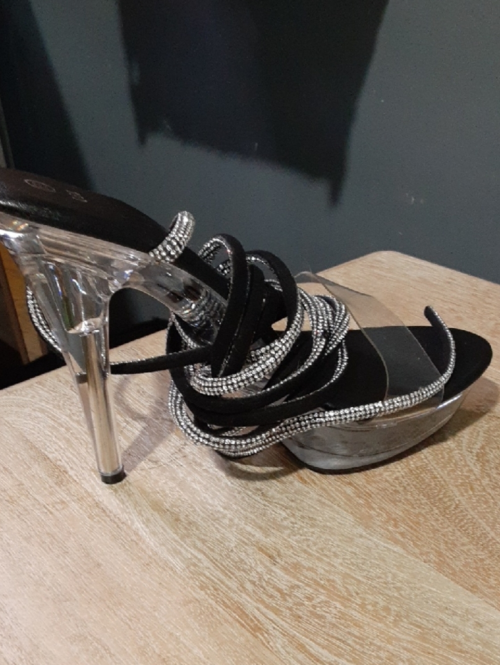 Black and Silver Strappy Platform Stiletto Heels